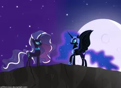 Size: 1024x747 | Tagged: antagonist, artist:w0lfylicious, dance of the nightmares, duality, moon, night, nightmare moon, nightmare rarity, safe, self ponidox, stars, time paradox
