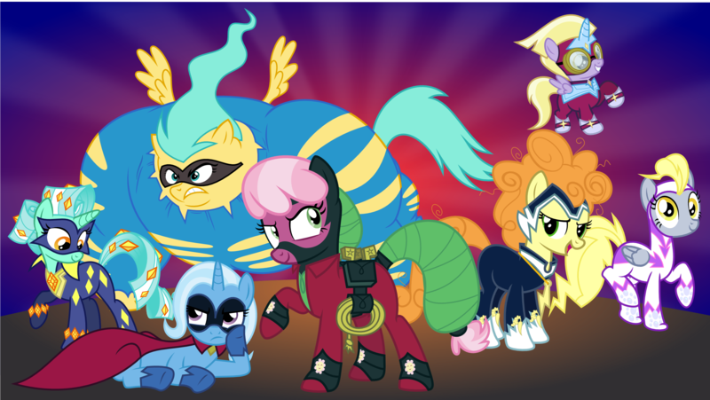 Size: 2502x1412 | Tagged: artist:punzil504, carrot top, cheerilee, clothes, costume, derpy hooves, dinkycorn, dinky hooves, fili-second, golden harvest, humdrum, luna six, lunaverse, lyra heartstrings, masked matter-horn, mistress marevelous, power ponies, race swap, radiance, saddle rager, safe, sunshower raindrops, trixie, zapp