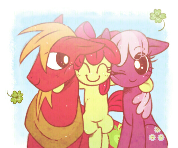 Size: 792x660 | Tagged: safe, artist:nmnkgskds, derpibooru import, apple bloom, big macintosh, cheerilee, earth pony, pony, cheerimac, clover, eyes closed, female, filly, four leaf clover, hug, male, mare, one eye closed, pixiv, shipping, smiling, stallion, straight