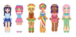 Size: 2944x1464 | Tagged: applejack, belly button, big crown thingy, clothes, dark skin, derpibooru import, diversity, dress, edit, fluttershy, gala dress, human, humanized, light skin, mane six, midriff, moderate dark skin, pinkie pie, rainbow dash, rarity, safe, twilight sparkle