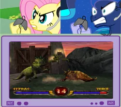 Size: 1452x1278 | Tagged: 1999, derpibooru import, dinosaur, dreamworks, exploitable meme, fight, fluttershy, interactive, jurassic park, meme, obligatory pony, princess luna, safe, tv meme, versus, video game, warpath