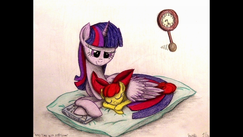 Size: 1920x1080 | Tagged: safe, artist:thefriendlyelephant, derpibooru import, apple bloom, twilight sparkle, twilight sparkle (alicorn), alicorn, pony, applelove, book, clock, female, hug, mare, sleeping, traditional art, winghug