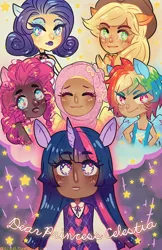 Size: 660x1020 | Tagged: applejack, artist:disceel, dark skin, derpibooru import, diversity, eared humanization, fluttershy, hijab, horned humanization, human, humanized, islam, islamashy, light skin, mane six, moderate dark skin, pinkie pie, rainbow dash, rarity, safe, twilight sparkle, winged humanization