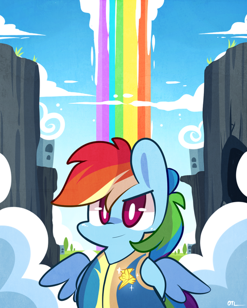 Size: 880x1100 | Tagged: safe, artist:lifeloser, derpibooru import, rainbow dash, pegasus, pony, rainbow falls, bipedal, chibi, female, lead pony badge, mare, rainbow fall, signature, solo, wonderbolt badge, wonderbolt trainee uniform