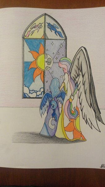 Size: 900x1600 | Tagged: safe, artist:bluesapphire97, derpibooru import, princess celestia, princess luna, human, duality, humanized, light skin, photo, stained glass, traditional art