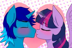 Size: 1280x853 | Tagged: safe, artist:naomiknight17, derpibooru import, twilight sparkle, twilight sparkle (alicorn), oc, oc:light shine, alicorn, pony, unicorn, blushing, canon x oc, commission, eyes closed, female, heart, hearts and hooves, imminent kissing, kissing, magic, male, mare, nervous, shipping, shivering, smiling, spread wings, stallion, straight