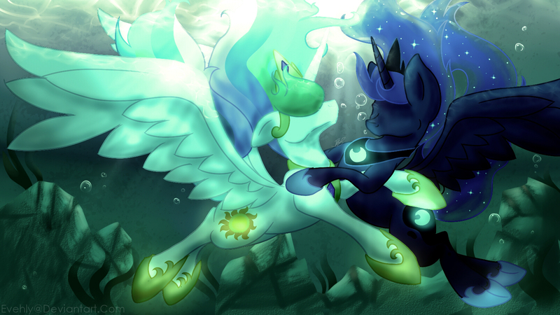 Size: 1600x900 | Tagged: safe, artist:evehly, derpibooru import, princess celestia, princess luna, alicorn, pony, blue mane, blue tail, bubble, crepuscular rays, crown, digital art, ethereal mane, ethereal tail, feather, female, flowing mane, flowing tail, gem, glow, high res, hoof shoes, horn, hug, image, jewelry, jpeg, looking at each other, looking at someone, mare, no eyes, ocean, peytral, regalia, rock, royal sisters, seaweed, siblings, signature, sisters, sparkles, spread wings, starry mane, starry tail, sunlight, swimming, tail, underwater, unshorn fetlocks, water, wings