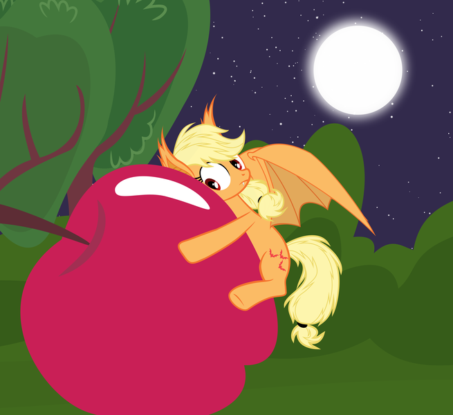 Size: 6000x5500 | Tagged: safe, artist:magister39, derpibooru import, applejack, bat pony, pony, absurd resolution, apple, applebat, bat ponified, cuddling, giant apple, hug, moon, night, race swap, silly, silly pony, solo, that pony sure does love apples, vector, who's a silly pony