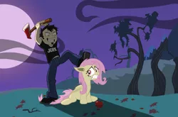 Size: 1992x1315 | Tagged: semi-grimdark, artist:stainless33, derpibooru import, fluttershy, bat pony, human, pony, bats!, apple, axe, crossover, dan, dan vs, female, flutterbat, flutterbuse, mare, moon, night, race swap, scared, this will end in tears, this will end in tears and/or death, tree