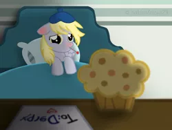 Size: 2048x1536 | Tagged: safe, artist:littleovertures, derpibooru import, derpy hooves, pegasus, pony, bed, blanket, card, female, mare, muffin, note, paper, pillow, red nosed, sick, solo, thermometer