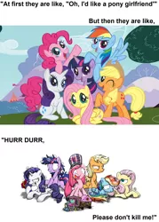 Size: 1600x2236 | Tagged: applejack, correction, crazy mares, derpibooru import, fluttershy, mane six, meme, pinkamena diane pie, pinkie pie, rainbow dash, rarity, safe, text, train, twilight sparkle, yandere, yanderity