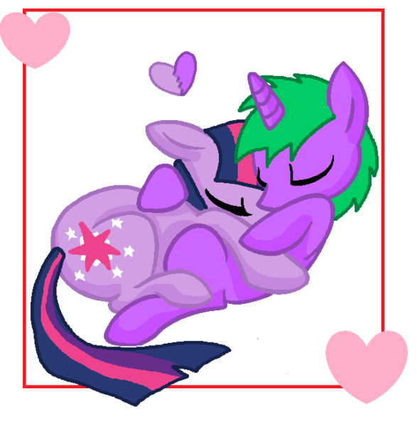 Size: 642x656 | Tagged: safe, artist:calicopikachu, artist:eeveepikachuchan, derpibooru import, spike, twilight sparkle, ponified, pony, unicorn, cuddling, eyes closed, female, heart, hug, male, on back, shipping, snuggling, straight, trace, twispike