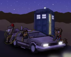 Size: 900x719 | Tagged: artist:paper-pony, back to the future, crossover, delorean, derpibooru import, doctor who, doctor whooves, fez, hat, marty mcfly, oc, ponified, safe, tardis, tenth doctor, time turner