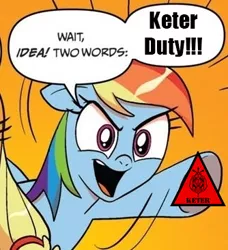 Size: 334x366 | Tagged: applejack, comic, derpibooru import, exploitable, exploitable meme, keter duty, meme, rainbow dash, safe, scp, scp foundation, two words meme