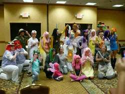 Size: 3072x2304 | Tagged: applejack, artist needed, convention, cosplay, derpibooru import, derpy hooves, discord, flam, flim, fluttershy, group photo, human, irl, irl human, mane six, photo, pinkie pie, princess celestia, rainbow dash, rarity, safe, st. louis crystal fair, twilight sparkle