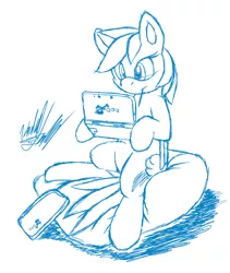 Size: 761x900 | Tagged: 3ds, artist:fuzon-s, crossover, cushion, derpibooru import, gamer dash, gamerdash, monochrome, mouth hold, rainbow dash, safe, sitting, sketch, solo, sonic the hedgehog (series)