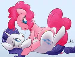 Size: 1280x983 | Tagged: artist:futaku, derpibooru import, drool, drool string, female, kissing, lesbian, pinkie pie, raripie, rarity, shipping, sloppy kissing, suggestive