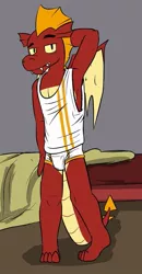 Size: 499x960 | Tagged: artist:fuzebox, bed, briefs, clothes, derpibooru import, dragon, dragons in briefs, garble, male, morning ponies, pose, shirt, solo, solo male, suggestive, tighty whities, undershirt, underwear