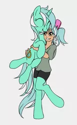 Size: 927x1500 | Tagged: safe, artist:hazama, artist:stoic5, derpibooru import, lyra heartstrings, oc, oc:hope, pony, satyr, unicorn, clothes, colored, hairclip, happy, hug, offspring, parent:lyra heartstrings, shirt, simple background, smiling, twintails, white background