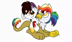 Size: 1024x600 | Tagged: safe, artist:colorfulwonders, derpibooru import, oc, oc:colorful wonders, oc:rainbow feather, unofficial characters only, gryphon, interspecies offspring, magical lesbian spawn, offspring, parent:gilda, parent:rainbow dash, parents:gildash