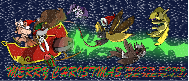 Size: 4223x1809 | Tagged: artist:whydomenhavenipples, christmas, derpibooru import, hat, /mlp/, mothpony, moth pony general, oc, oc:dandelion, oc:hexferry, oc:meisa, oc:squeak, original species, safe, santa claus, santa hat, snow, snowfall, unofficial characters only