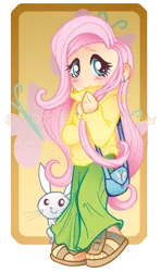 Size: 639x1080 | Tagged: angel bunny, artist:exiledchaos, blushing, chibi, clothes, derpibooru import, fluttershy, handbag, human, humanized, light skin, long skirt, rabbit, safe, sandals, shy, skirt, solo, sweater, sweatershy, watermark