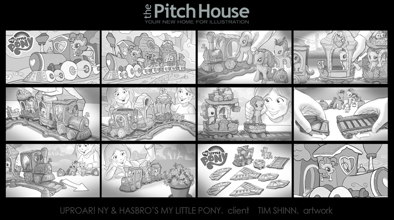 Size: 1353x758 | Tagged: safe, artist:timshinn73, derpibooru import, official, fluttershy, pinkie pie, rarity, spike, twilight sparkle, human, advertisement, comic, friendship express, image, jpeg, monochrome, storyboard, train