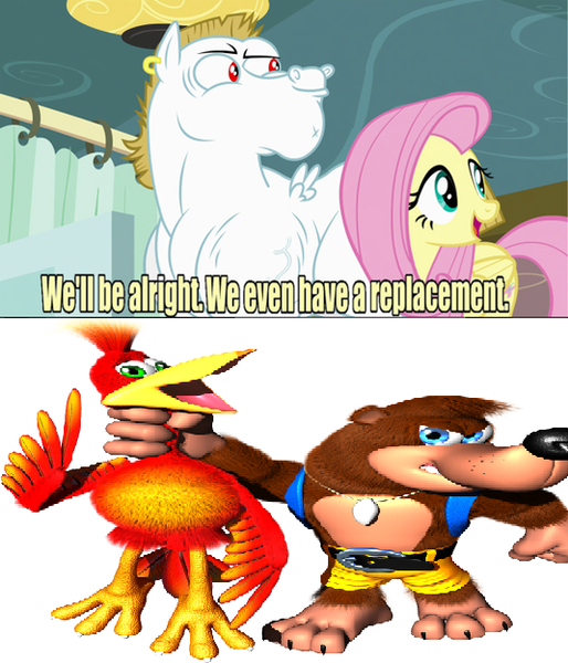 Size: 535x625 | Tagged: banjo kazooie, bulk biceps, derpibooru import, exploitable meme, fluttershy, meme, rareware, replacement meme, safe, season 4, video game