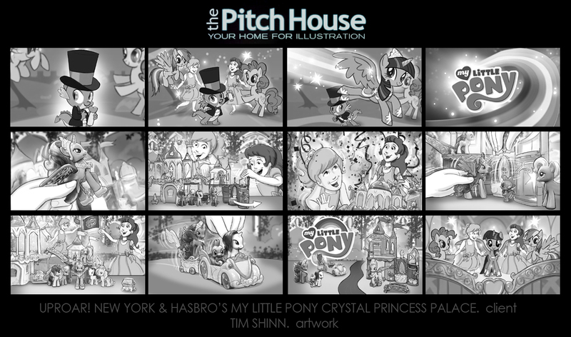 Size: 1353x798 | Tagged: safe, artist:timshinn73, derpibooru import, official, pinkie pie, rainbow dash, rarity, spike, twilight sparkle, twilight sparkle (alicorn), alicorn, human, pony, advertisement, car, clothes, comic, crystal castle, crystal princess palace, female, hat, image, jpeg, mare, monochrome, storyboard