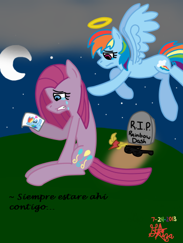 Size: 360x479 | Tagged: safe, artist:pinkamenad, derpibooru import, pinkie pie, rainbow dash, earth pony, ghost, pegasus, pony, angel, dead, female, grave, mare, pinkamena diane pie, sad, soul, spanish, spirit