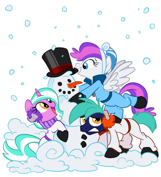 Size: 840x920 | Tagged: artist:nanook123, bronycon mascots, carrot, derpibooru import, earmuffs, hat, hoofevent, oc, oc:blank canvas, oc:hoof beatz, oc:mane event, safe, snow, snowfall, snowman, top hat, unofficial characters only, winter, winter outfit