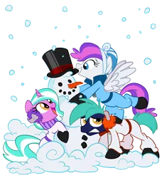 Size: 840x920 | Tagged: artist:nanook123, bronycon mascots, carrot, derpibooru import, earmuffs, hat, hoofevent, oc, oc:blank canvas, oc:hoof beatz, oc:mane event, safe, snow, snowfall, snowman, top hat, unofficial characters only, winter, winter outfit