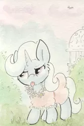 Size: 681x1018 | Tagged: safe, artist:slightlyshade, derpibooru import, trixie, pony, unicorn, clothes, dress, female, fluffy, mare, solo, tongue out, traditional art