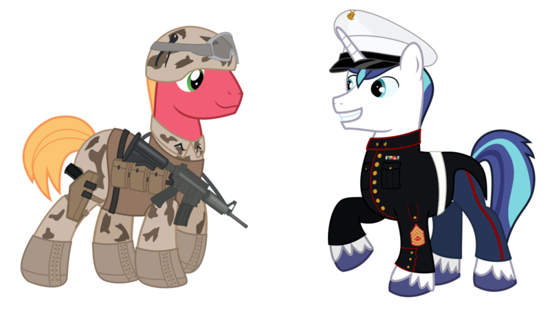 Size: 1189x671 | Tagged: safe, artist:bronyvagineer, derpibooru import, big macintosh, shining armor, earth pony, pony, ar15, army, camouflage, gun, m4a1, male, marines, military, pistol, rifle, soldier, stallion