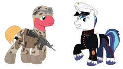 Size: 1189x671 | Tagged: safe, artist:bronyvagineer, derpibooru import, big macintosh, shining armor, earth pony, pony, ar15, army, camouflage, gun, m4a1, male, marines, military, pistol, rifle, soldier, stallion