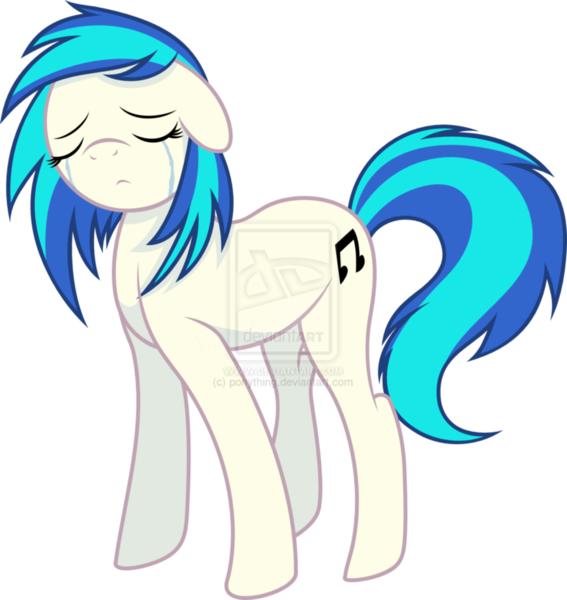 Size: 869x920 | Tagged: safe, artist:crosspone, artist:ponything, derpibooru import, vinyl scratch, crying, deviantart watermark, image, missing horn, obtrusive watermark, png, solo, vinyl missing her horn, watermark