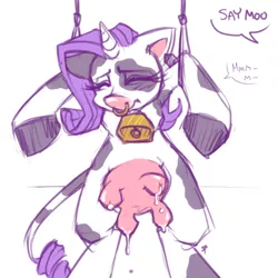 Size: 500x500 | Tagged: safe, artist:stoney pony, derpibooru import, rarity, cow, cow pony, unicorn, cowbell, female, lactation, leaking, milk, nose ring, raricow, solo, species swap, speech bubble, udder