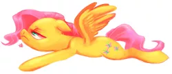 Size: 1257x542 | Tagged: safe, artist:comikazia, derpibooru import, fluttershy, pegasus, pony, female, lying down, mare, signature, simple background, solo, white background