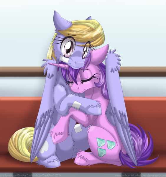 Size: 800x852 | Tagged: safe, artist:inuhoshi-to-darkpen, artist:ooklah, derpibooru import, amethyst star, cloud kicker, pegasus, pony, unicorn, fanfic, fanfic:the life and times of a winning pony, winningverse, bandage, duo, fanfic art, hug, teenager, winghug