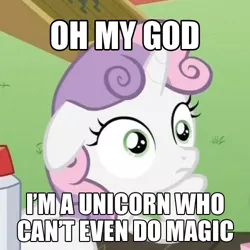 Size: 500x500 | Tagged: safe, derpibooru import, edit, edited screencap, screencap, sweetie belle, ponyville confidential, cropped, exploitable meme, floppy ears, hoof on chin, image macro, meme, solo, sudden clarity sweetie belle, you don't say