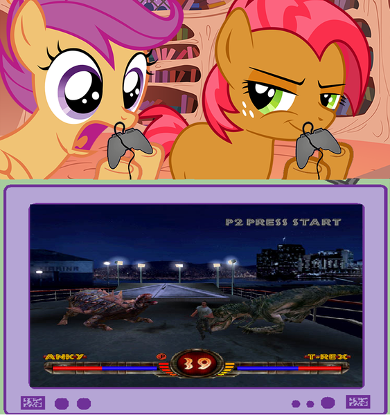 Size: 751x800 | Tagged: 1999, babs seed, derpibooru import, dreamworks, exploitable meme, game, interactive, jurassic park, meme, obligatory pony, playing, safe, scootaloo, tv meme, versus, video game, warpath