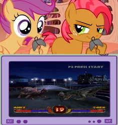 Size: 751x800 | Tagged: 1999, babs seed, derpibooru import, dreamworks, exploitable meme, game, interactive, jurassic park, meme, obligatory pony, playing, safe, scootaloo, tv meme, versus, video game, warpath