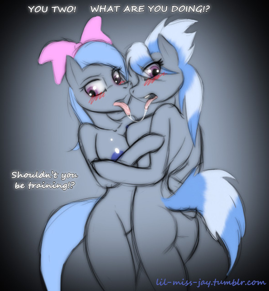 Size: 589x637 | Tagged: questionable, artist:lil miss jay, derpibooru import, cloudchaser, flitter, anthro, unguligrade anthro, arm hooves, blushing, breasts, busty cloudchaser, busty flitter, drool, explicit source, female, incest, kissing, lesbian, nipples, nudity, pegacest, shipping, technicolor nipples, wingless, wingless anthro