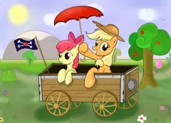 Size: 1206x864 | Tagged: safe, artist:milanoss, derpibooru import, apple bloom, applejack, balloon, flag, tree, umbrella, wagon