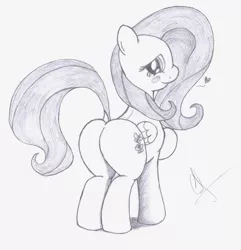 Size: 1000x1038 | Tagged: source needed, suggestive, artist:an-tonio, derpibooru import, fluttershy, pegasus, pony, blushing, butt, female, flutterbutt, grayscale, heart, image, jpeg, looking at you, mare, monochrome, plot, rear view, sketch, smiling, smiling at you, solo, solo female, traditional art