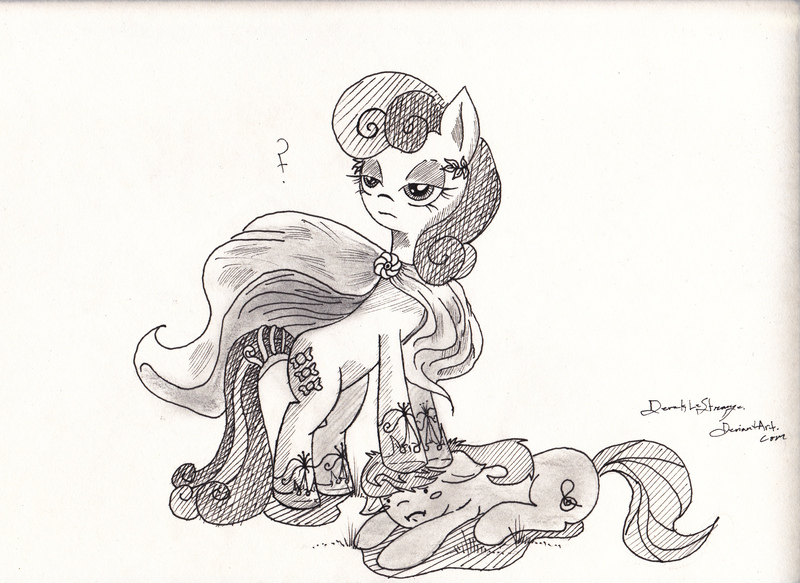 Size: 3504x2552 | Tagged: artist:dereklestrange, bon bon, clothes, costume, derpibooru import, monochrome, octavia melody, safe, superhero, sweetie drops, traditional art