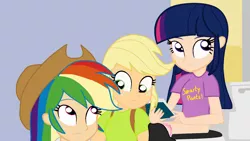 Size: 1909x1080 | Tagged: suggestive, artist:garretthegarret, derpibooru import, applejack, rainbow dash, smarty pants, twilight sparkle, equestria girls, awkward, clothes, frilly underwear, hat, human coloration, humanized, light skin, out of context, panties, panties around legs, panties pulled down, pink underwear, ribbon, toilet, toilet sparkle, underwear