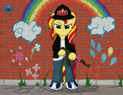 Size: 4500x3500 | Tagged: safe, artist:template93, derpibooru import, sunset shimmer, pony, absurd resolution, ak-47, bipedal, clothes, commission, cutie mark, gun, hat, hoodie, pants, rifle, solo