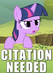 Size: 400x550 | Tagged: caption, citation needed, cropped, derpibooru import, edit, edited screencap, feeling pinkie keen, image macro, reaction image, safe, screencap, skeptical, solo, twilight sparkle, unhappy, wikipedia