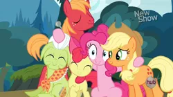 Size: 620x348 | Tagged: safe, derpibooru import, screencap, apple bloom, applejack, big macintosh, granny smith, pinkie pie, earth pony, pony, pinkie apple pie, hug, male, stallion